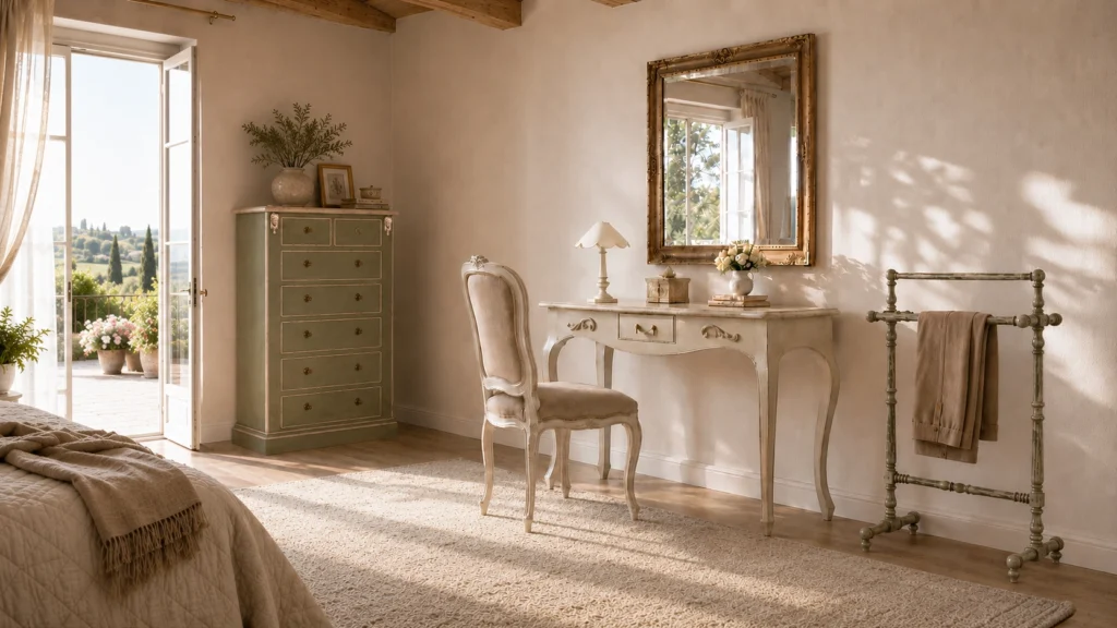Camera da letto in stile provenzale con consolle, cassettiera e arredi artigianali.
