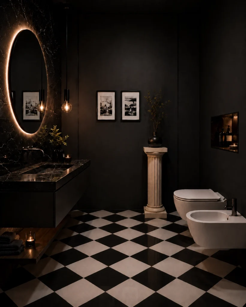 Colonna decorativa provenzale in un bagno elegante con stile contemporaneo.