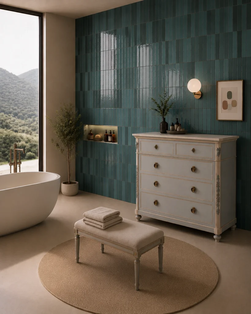 Comò provenzale reinterpretato come mobile da bagno elegante.