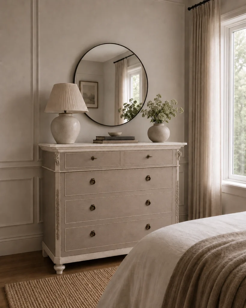 Comò provenzale in una camera da letto classica con specchio decorativo.