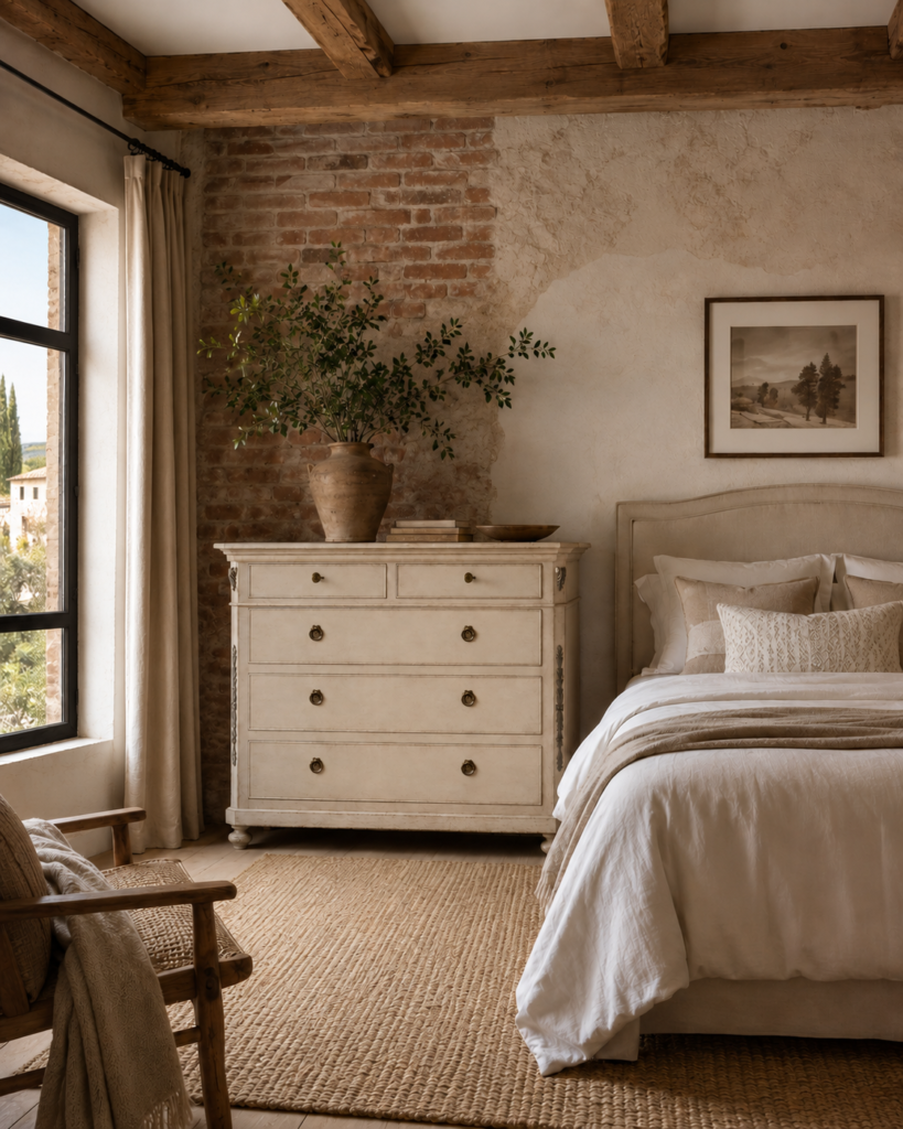Comò provenzale in una camera da letto con arredamento rustico elegante.
