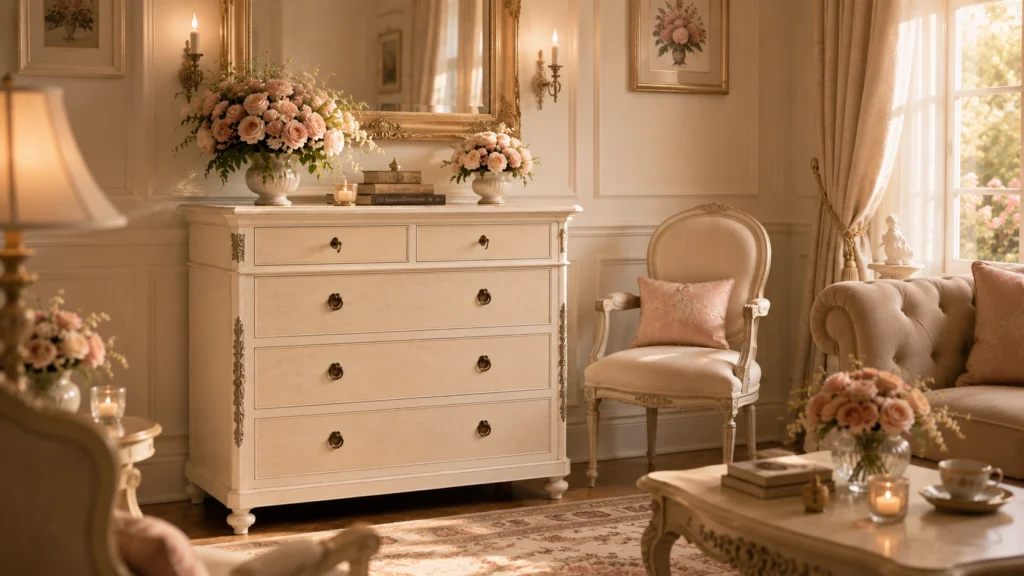 Comò provenzale Dahlia in legno artigianale per camera da letto elegante.