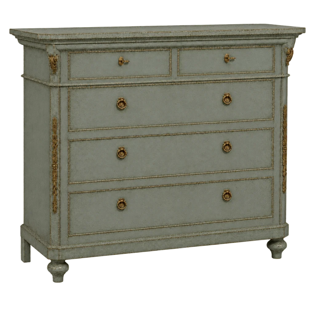 Comò shabby chic in legno con finitura artigianale.