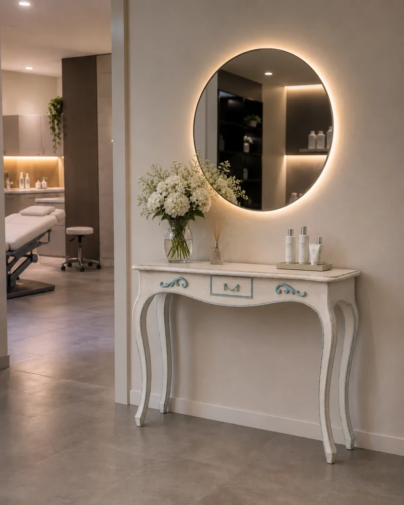 Consolle provenzale per bagno con lavabo da appoggio.