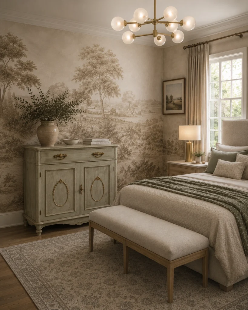 Credenza provenzale inserita in una camera da letto elegante.