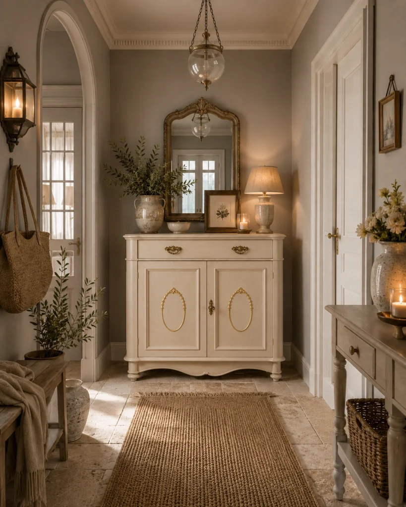 Credenza provenzale utilizzata come mobile da ingresso elegante.