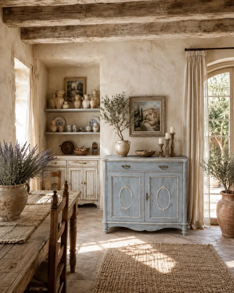 Credenza provenzale in una casa rustica dal fascino country chic.