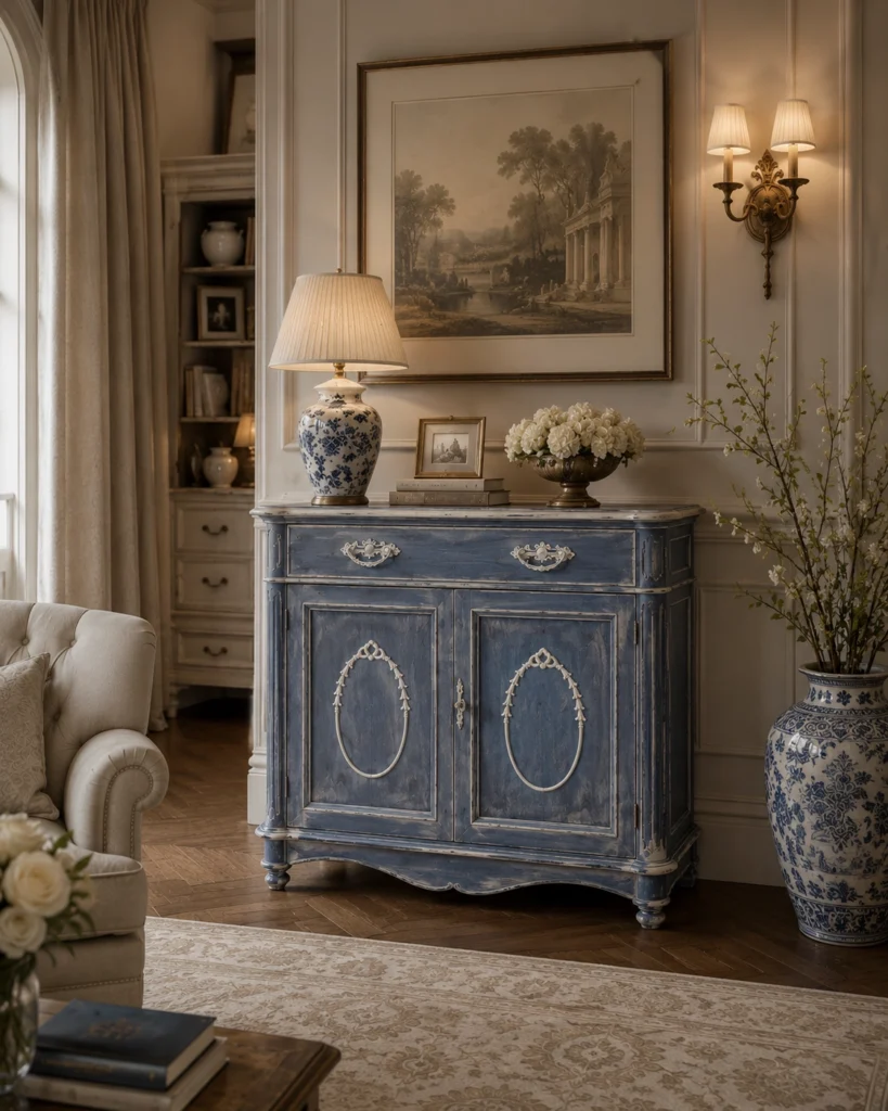 Credenza provenzale in soggiorno classico con finitura blu decorata.
