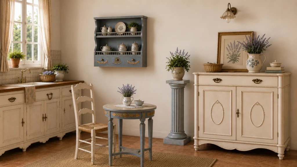 Cucina in stile provenzale con mobili artigianali laccati e dettagli decorativi.