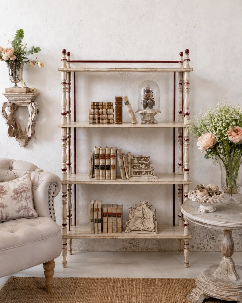 Étagère provenzale in legno con libri e oggetti decorativi.
