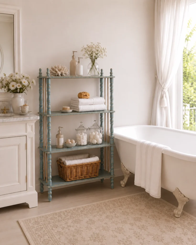 Libreria provenzale utilizzata come mobile bagno elegante.