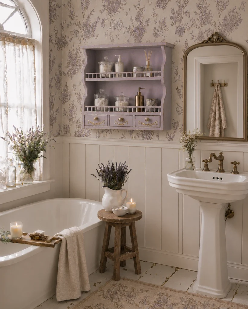 Piattaia provenzale utilizzata come complemento d'arredo in un bagno elegante.