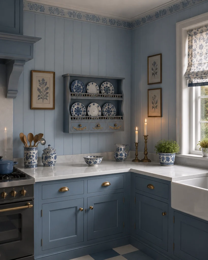 Piattaia provenzale in cucina classica con servizi in ceramica.
