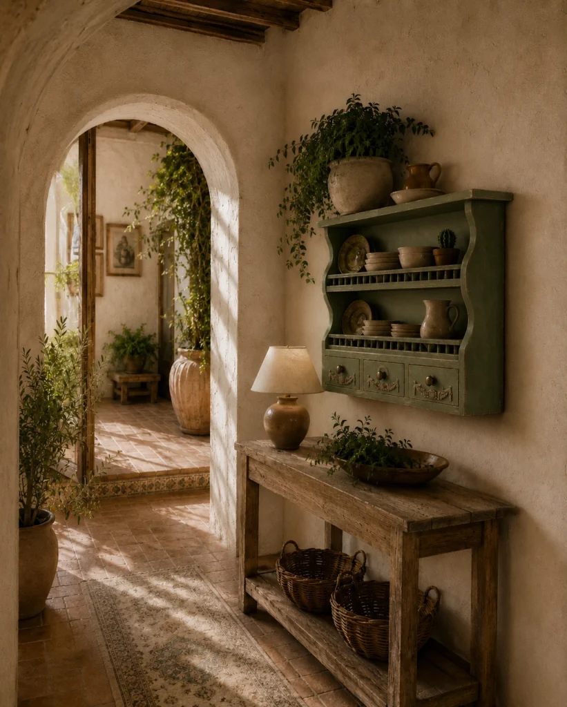 Piattaia provenzale in una cucina rustica con mensole decorative.