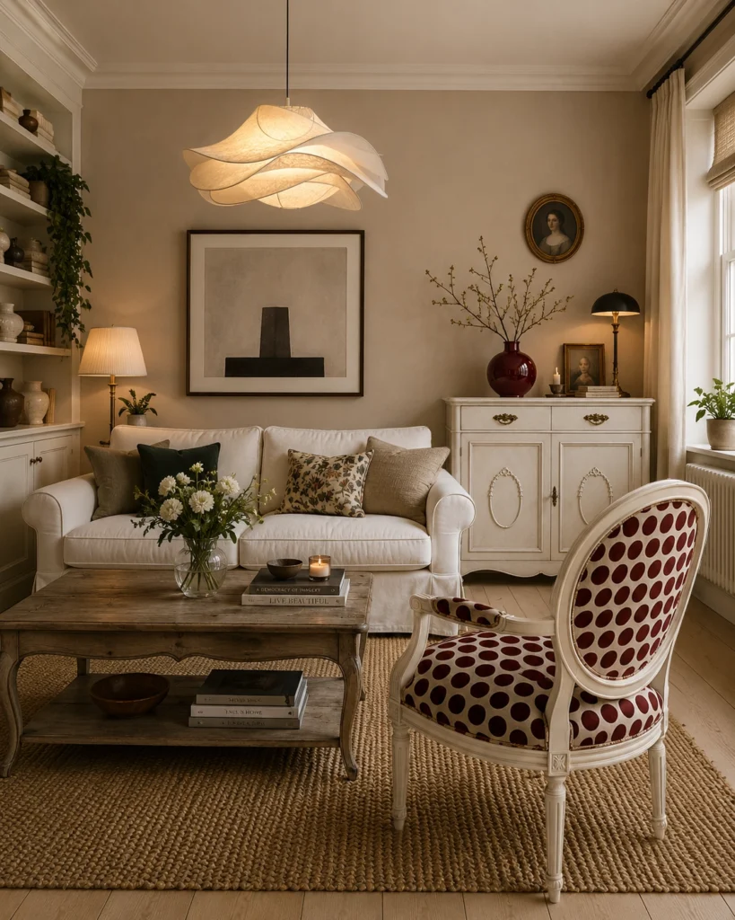 Poltroncina provenzale imbottita con schienale ovale.