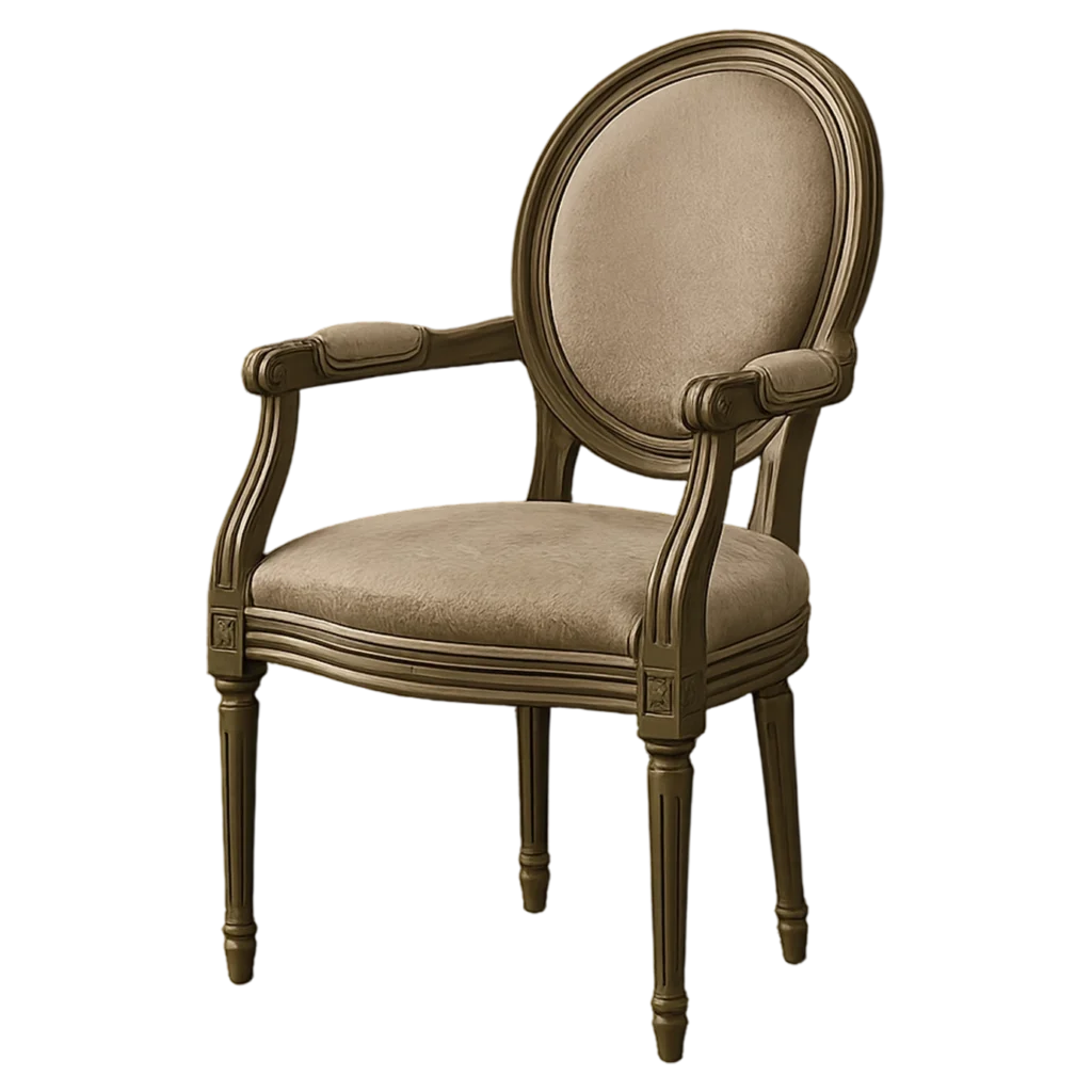 Poltroncina provenzale imbottita con schienale ovale.