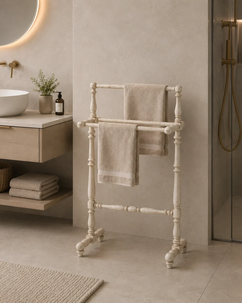 Servomuto porta asciugamani in legno stile provenzale per bagno.