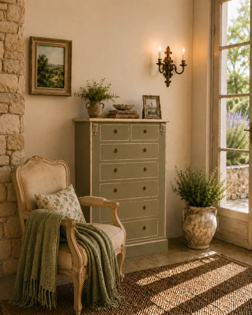 Settimanale provenzale in una camera da letto arredata in stile francese.