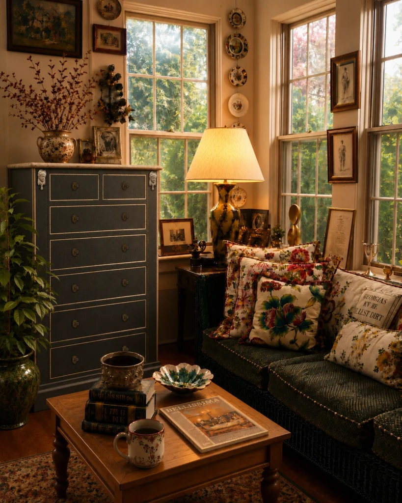 Settimanale provenzale in soggiorno arredato in stile country chic.