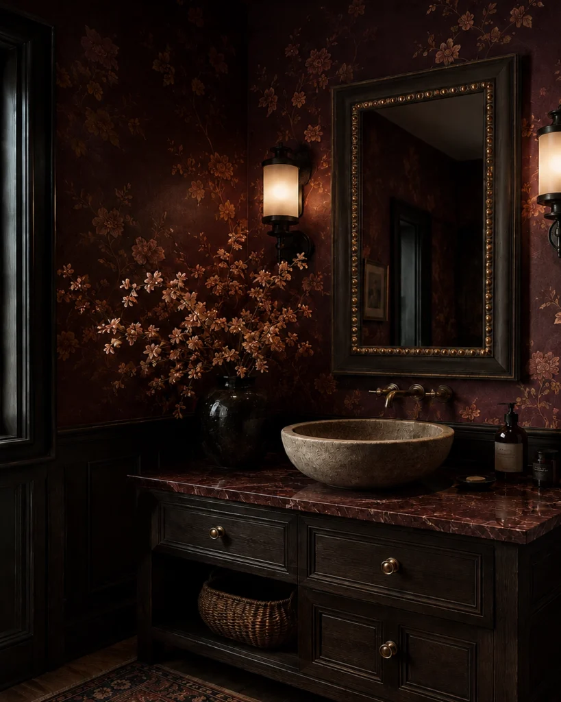 Specchio classico con cornice decorata in un bagno elegante.