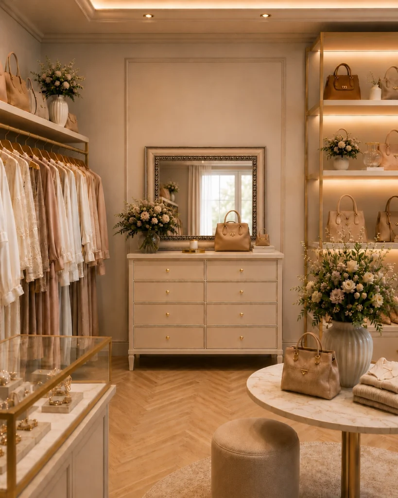 Specchio decorativo classico all'interno di una boutique elegante.