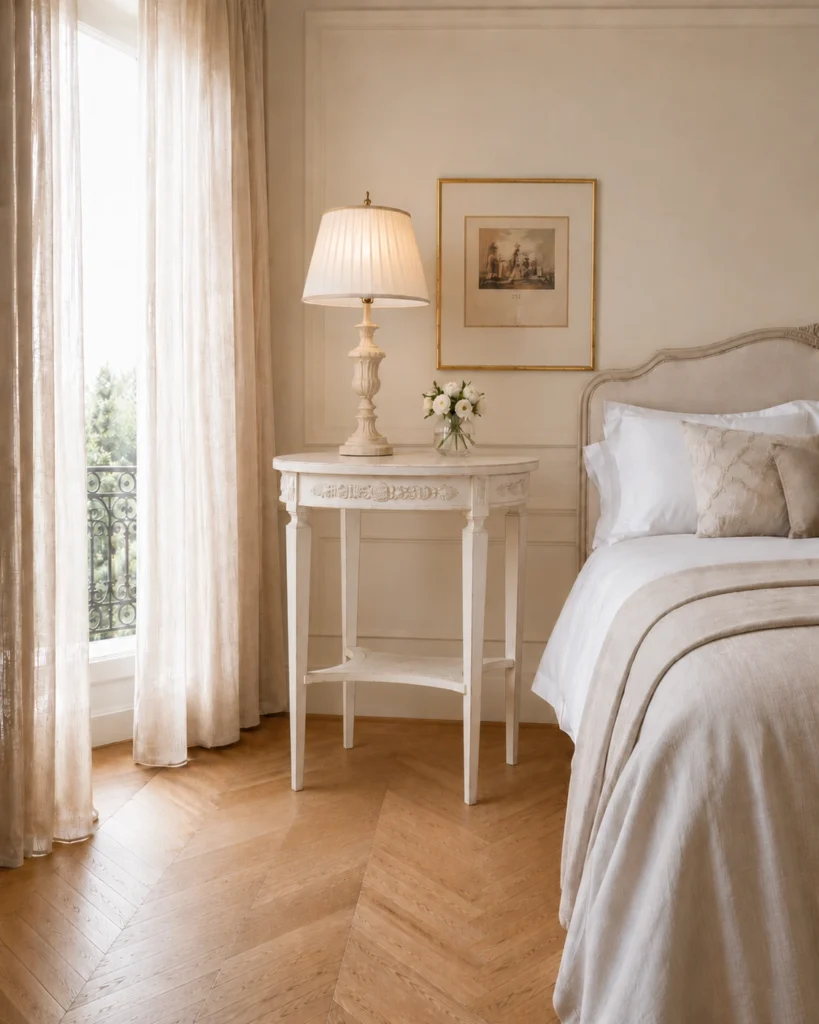 Tavolino provenzale utilizzato come comodino in una camera da letto elegante.