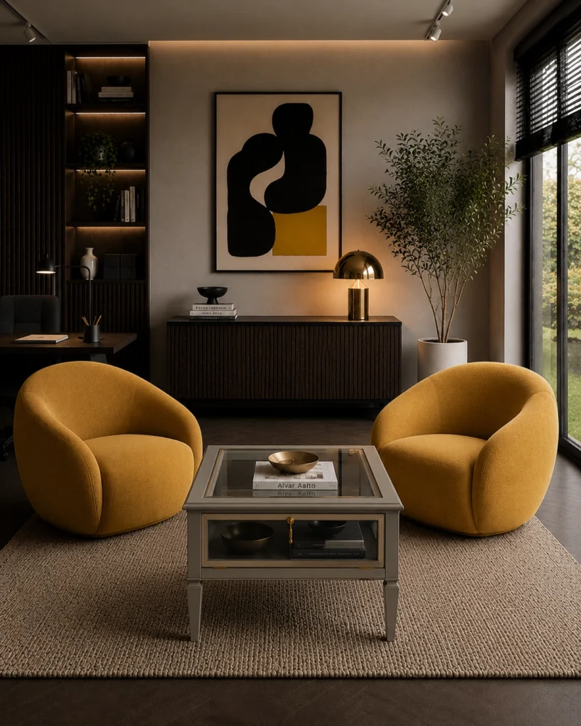 Tavolino vetrinetta in un soggiorno contemporaneo di design.